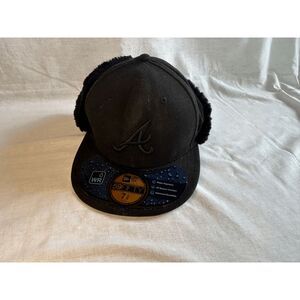 Atlanta Braves New Era Black Cap, Dogear, 7 & 3/8, Fuzzy, 59Fifty, NWT, Warm